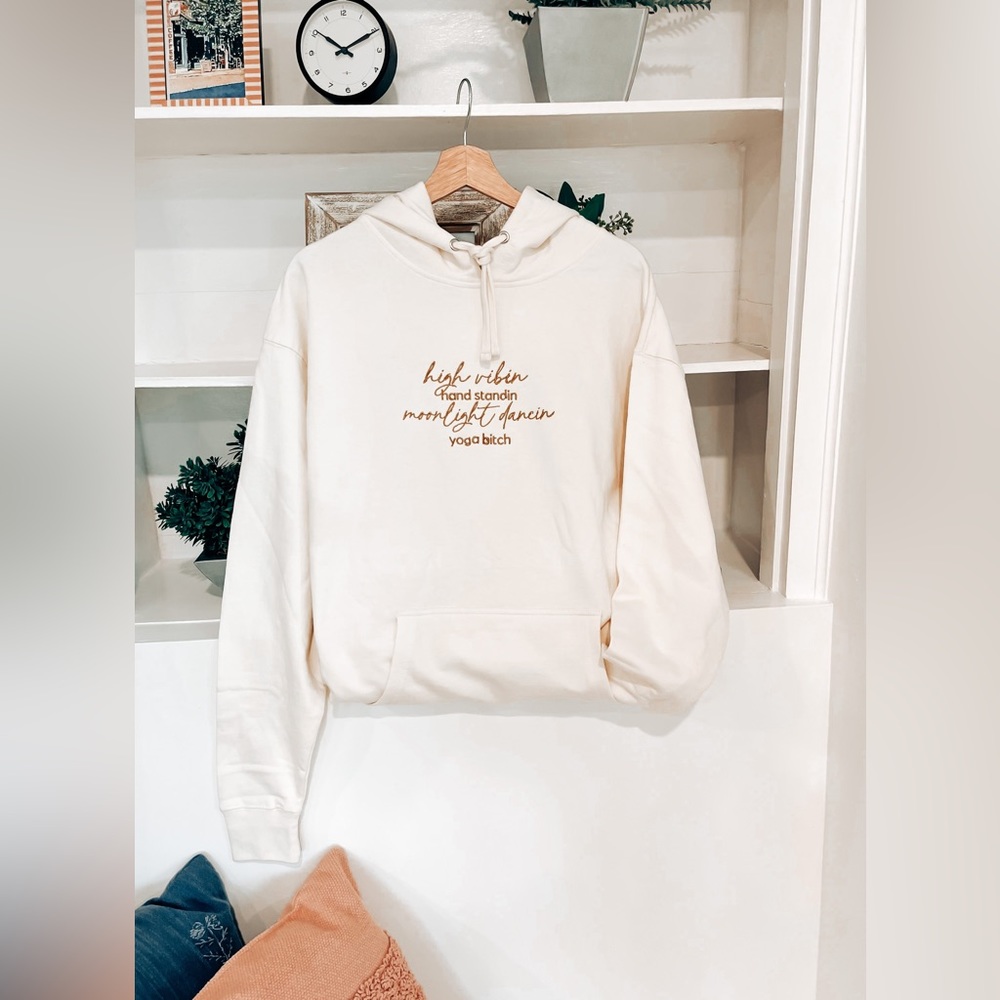 High Vibin Yoga Bitch EUC Embroidered Ecru Beige Hoodie